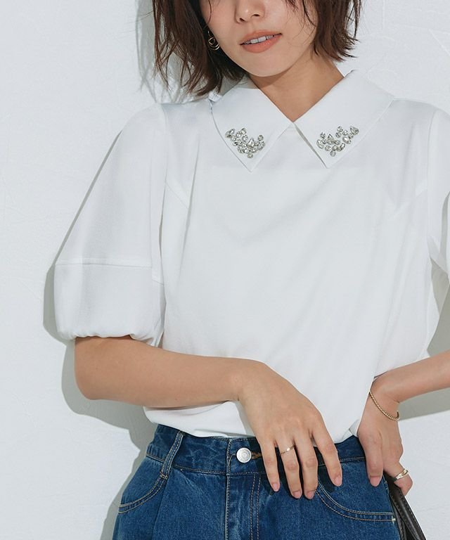 【ピエロ/Pierrot】のビジュー付き構築袖ブラウス インテリア・キッズ・メンズ・レディースファッション・服の通販 founy(ファウニー) 　ファッション　Fashion　レディースファッション　Fashion for Women　トップス・カットソー　Cut & Sew Tops　シャツ・ブラウス・オフィスカジュアル　Elegant Blouses & Button-Ups　おすすめ　Recommended / Our Picks　シンプル　Simple, Minimal　ダウン　Down, Puffer　バランス　Balance, Style Balance　ビジュー　Bijou, Jewel-like Accent　プチプライス・低価格　Affordable / Budget Price　エレガント 上品　Elegant　ビジュー付き構築袖ブラウス|ID: prp329100004972279 ipo3291000000037284820