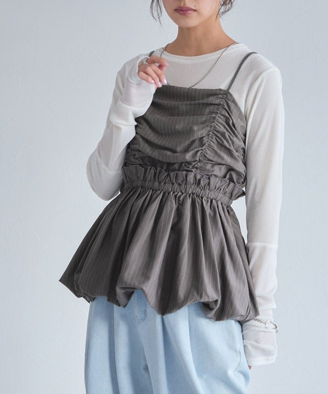 【ピエロ/Pierrot】のECLAM ギャザーバルーンビスチェ インテリア・キッズ・メンズ・レディースファッション・服の通販 founy(ファウニー) 　ファッション　Fashion　レディースファッション　Fashion for Women　トップス・カットソー　Cut & Sew Tops　ビスチェ　Bustiers & Corset Tops / Layered Bustier Style　2025年　2025　2025春夏・S/S　Spring/Summer 2025 SS25　おすすめ　Recommended / Our Picks　カットソー　Cut and Sewn Top　ギャザー　Gathered, Ruffled　シャーリング　Shirring, Ruched　ストライプ　Stripe, Striped Pattern　タンク　Tank Top, Sleeveless Top　デニム　Denim, Jeans Material　ドット　Polka Dot, Dot Pattern　バルーン　Balloon, Balloon Silhouette　ビスチェ　Bustier, Corset Top　フリル　Frill, Ruffle　プチプライス・低価格　Affordable / Budget Price　ベーシック　Basic, Essential　切替　Switching, Contrast Panel　無地　Plain, Solid Color　163cm / ストライプ / チャコール / M|ID: prp329100004972286 ipo3291000000037284846