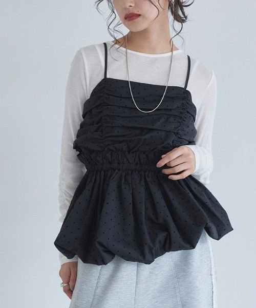 【ピエロ/Pierrot】のECLAM ギャザーバルーンビスチェ インテリア・キッズ・メンズ・レディースファッション・服の通販 founy(ファウニー) 　ファッション　Fashion　レディースファッション　Fashion for Women　トップス・カットソー　Cut & Sew Tops　ビスチェ　Bustiers & Corset Tops / Layered Bustier Style　2025年　2025　2025春夏・S/S　Spring/Summer 2025 SS25　おすすめ　Recommended / Our Picks　カットソー　Cut and Sewn Top　ギャザー　Gathered, Ruffled　シャーリング　Shirring, Ruched　ストライプ　Stripe, Striped Pattern　タンク　Tank Top, Sleeveless Top　デニム　Denim, Jeans Material　ドット　Polka Dot, Dot Pattern　バルーン　Balloon, Balloon Silhouette　ビスチェ　Bustier, Corset Top　フリル　Frill, Ruffle　プチプライス・低価格　Affordable / Budget Price　ベーシック　Basic, Essential　切替　Switching, Contrast Panel　無地　Plain, Solid Color　163cm / ドット / ブラック / M|ID: prp329100004972286 ipo3291000000037284847