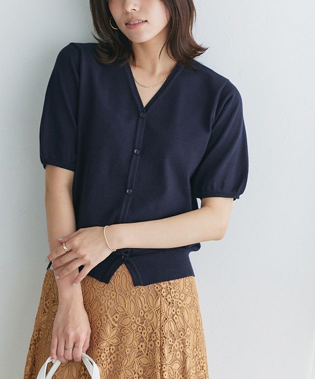 【ピエロ/Pierrot】の多機能ニット5分袖カーディガン インテリア・キッズ・メンズ・レディースファッション・服の通販 founy(ファウニー) 　ファッション　Fashion　レディースファッション　Fashion for Women　トップス・カットソー　Cut & Sew Tops　ニット　Knit Tops & Sweaters　カーディガン・羽織り　Layered Style Cardigans　ウォッシャブル　Machine Washable　カーディガン　Cardigan, Knitwear　シンプル　Simple, Minimal　プチプライス・低価格　Affordable / Budget Price　エレガント 上品　Elegant　抗菌　Antibacterial, Bacteria-Resistant　167cm / ネイビー / M|ID: prp329100004972325 ipo3291000000037285007