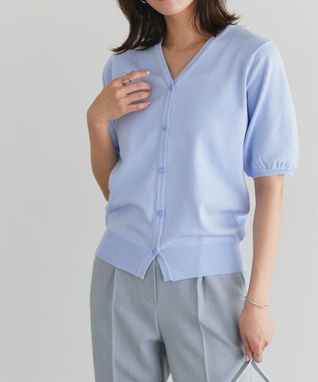 【ピエロ/Pierrot】の多機能ニット5分袖カーディガン インテリア・キッズ・メンズ・レディースファッション・服の通販 founy(ファウニー) 　ファッション　Fashion　レディースファッション　Fashion for Women　トップス・カットソー　Cut & Sew Tops　ニット　Knit Tops & Sweaters　カーディガン・羽織り　Layered Style Cardigans　ウォッシャブル　Machine Washable　カーディガン　Cardigan, Knitwear　シンプル　Simple, Minimal　プチプライス・低価格　Affordable / Budget Price　エレガント 上品　Elegant　抗菌　Antibacterial, Bacteria-Resistant　167cm / サックス / M|ID: prp329100004972325 ipo3291000000037285014