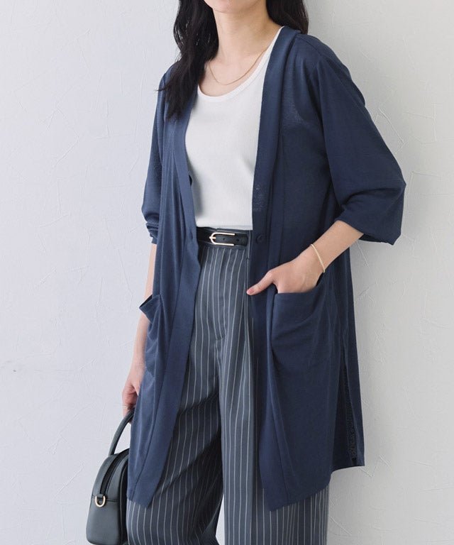 【ピエロ/Pierrot】の接触冷感ロングカーディガン インテリア・キッズ・メンズ・レディースファッション・服の通販 founy(ファウニー) 　ファッション　Fashion　レディースファッション　Fashion for Women　トップス・カットソー　Cut & Sew Tops　カーディガン・羽織り　Layered Style Cardigans　カーディガン　Cardigan, Knitwear　スリット　Slit, Slit Detail　プチプライス・低価格　Affordable / Budget Price　ロング　Long, Long-Length　夏　Summer　162cm / ネイビー / M|ID: prp329100004972399 ipo3291000000037285325