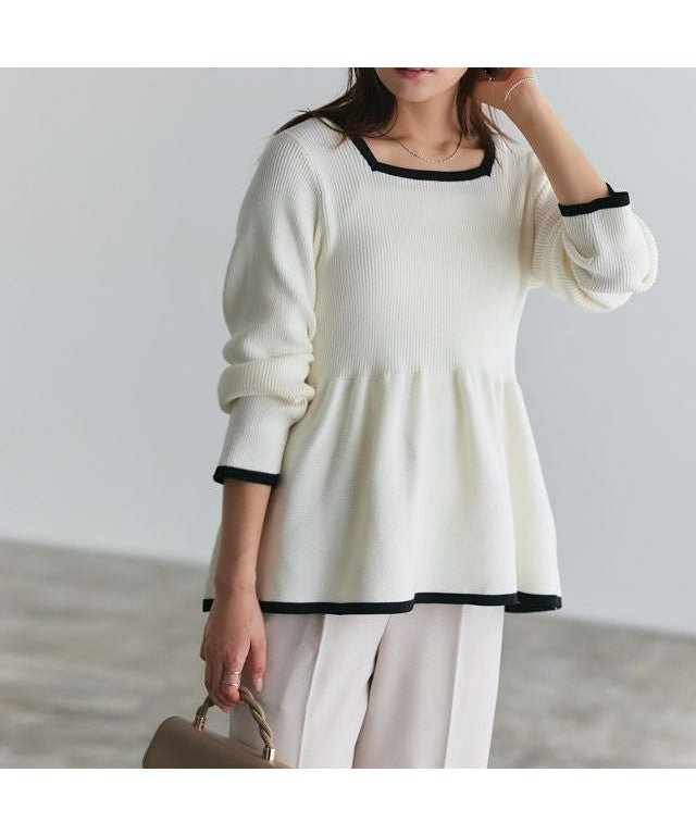 【ピエロ/Pierrot】の配色ペプラムニット インテリア・キッズ・メンズ・レディースファッション・服の通販 founy(ファウニー) 　ファッション　Fashion　レディースファッション　Fashion for Women　トップス・カットソー　Cut & Sew Tops　ニット　Knit Tops & Sweaters　フェミニン　Feminine, Girly　プチプライス・低価格　Affordable / Budget Price　ペプラム　Peplum, Flared Hem　166cm / オフホワイト×ブラック / M|ID: prp329100004972553 ipo3291000000037286026