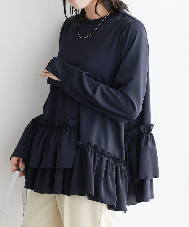 【ピエロ/Pierrot】のヘムフリルアシメブラウス インテリア・キッズ・メンズ・レディースファッション・服の通販 founy(ファウニー) 　ファッション　Fashion　レディースファッション　Fashion for Women　トップス・カットソー　Cut & Sew Tops　シャツ・ブラウス・オフィスカジュアル　Elegant Blouses & Button-Ups　シンプル　Simple, Minimal　フェミニン　Feminine, Girly　フリル　Frill, Ruffle　フレア　Flare, Flared　プチプライス・低価格　Affordable / Budget Price　167cm / ネイビー / M|ID: prp329100004972608 ipo3291000000037286252