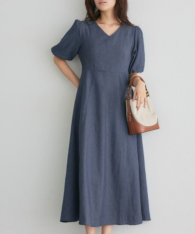 【ピエロ/Pierrot】のシャンブレーパフスリーブワンピース インテリア・キッズ・メンズ・レディースファッション・服の通販 founy(ファウニー) 　ファッション　Fashion　レディースファッション　Fashion for Women　ワンピース　Dresses　シャンブレー　Chambray, Denim-Like Fabric　スリーブ　Sleeve, Long Sleeve / Short Sleeve　デニム　Denim, Jeans Material　フレア　Flare, Flared　プチプライス・低価格　Affordable / Budget Price　エレガント 上品　Elegant　166cm / インディゴ / M|ID: prp329100004972644 ipo3291000000037286442