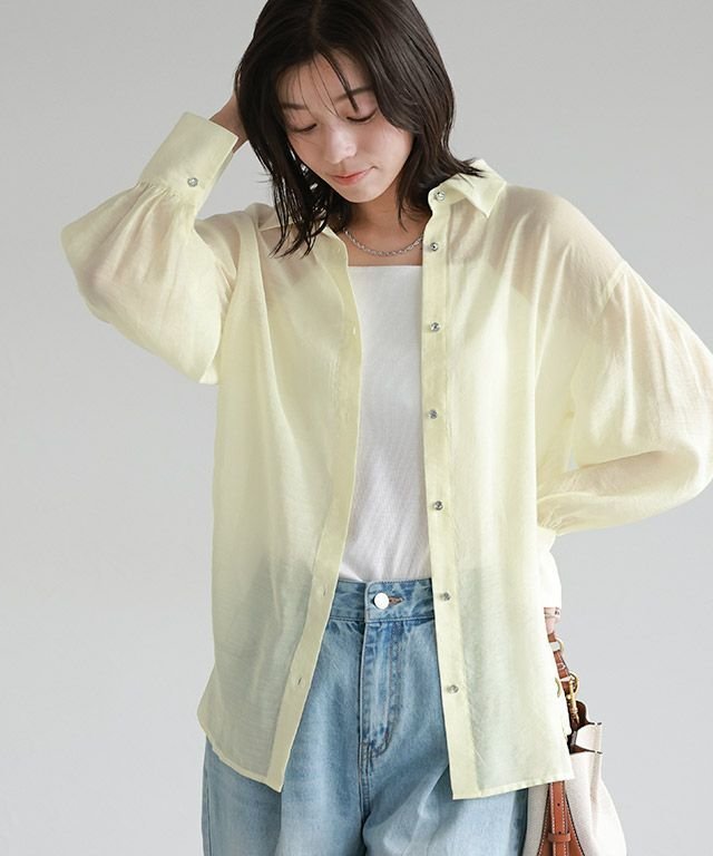 【ピエロ/Pierrot】の【A会場】ビジューシアーシャツ インテリア・キッズ・メンズ・レディースファッション・服の通販 founy(ファウニー) 　ファッション　Fashion　レディースファッション　Fashion for Women　トップス・カットソー　Cut & Sew Tops　シャツ・ブラウス・オフィスカジュアル　Elegant Blouses & Button-Ups　送料無料　Free Shipping　シアー　Sheer, See-Through　スリーブ　Sleeve, Long Sleeve / Short Sleeve　プチプライス・低価格　Affordable / Budget Price　167cm / ライトイエロー / M|ID: prp329100004972671 ipo3291000000037286549
