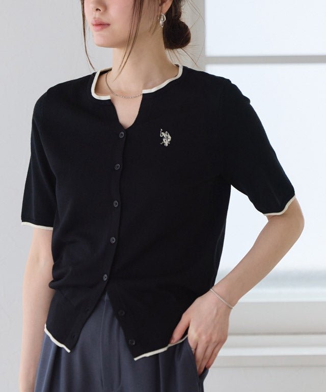 【ピエロ/Pierrot】の【U.S.POLO ASSN.】キーネックデザインカーディガン インテリア・キッズ・メンズ・レディースファッション・服の通販 founy(ファウニー) 　ファッション　Fashion　レディースファッション　Fashion for Women　トップス・カットソー　Cut & Sew Tops　カーディガン・羽織り　Layered Style Cardigans　シンプル　Simple, Minimal　プチプライス・低価格　Affordable / Budget Price　夏　Summer　167cm / ブラック×アイボリー / M|ID: prp329100004972686 ipo3291000000037286623