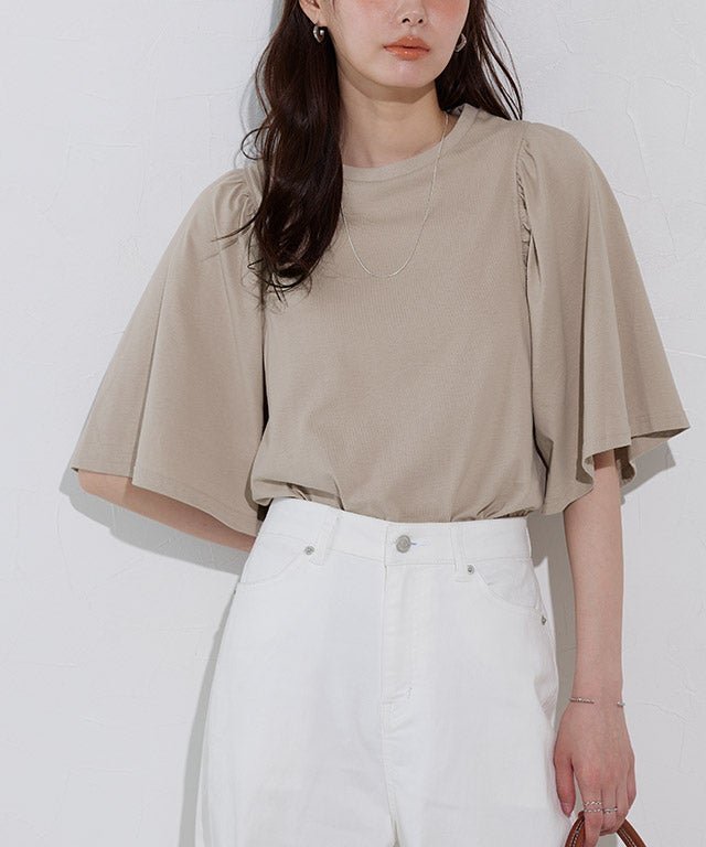 【ピエロ/Pierrot】のギャザースリーブTシャツ インテリア・キッズ・メンズ・レディースファッション・服の通販 founy(ファウニー) 　ファッション　Fashion　レディースファッション　Fashion for Women　トップス・カットソー　Cut & Sew Tops　シャツ・ブラウス・オフィスカジュアル　Elegant Blouses & Button-Ups　ロングTシャツ・Tシャツ　Longline T-Shirts & Tees　送料無料　Free Shipping　ギャザー　Gathered, Ruffled　シンプル　Simple, Minimal　スリーブ　Sleeve, Long Sleeve / Short Sleeve　フレア　Flare, Flared　プチプライス・低価格　Affordable / Budget Price　167cm / サンドベージュ / M|ID: prp329100004972928 ipo3291000000037287723