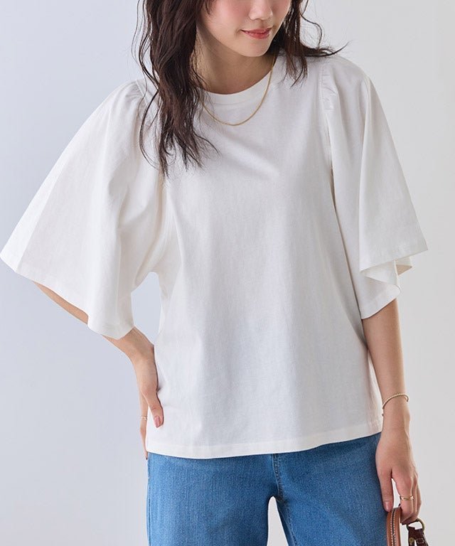 【ピエロ/Pierrot】のギャザースリーブTシャツ インテリア・キッズ・メンズ・レディースファッション・服の通販 founy(ファウニー) 　ファッション　Fashion　レディースファッション　Fashion for Women　トップス・カットソー　Cut & Sew Tops　シャツ・ブラウス・オフィスカジュアル　Elegant Blouses & Button-Ups　ロングTシャツ・Tシャツ　Longline T-Shirts & Tees　送料無料　Free Shipping　ギャザー　Gathered, Ruffled　シンプル　Simple, Minimal　スリーブ　Sleeve, Long Sleeve / Short Sleeve　フレア　Flare, Flared　プチプライス・低価格　Affordable / Budget Price　162cm / オフホワイト / M|ID: prp329100004972928 ipo3291000000037287725