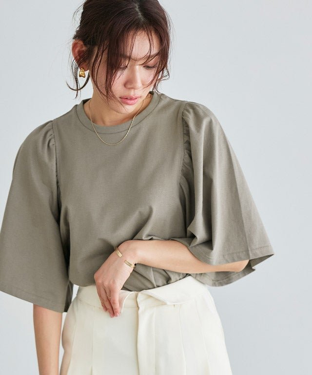 【ピエロ/Pierrot】のギャザースリーブTシャツ インテリア・キッズ・メンズ・レディースファッション・服の通販 founy(ファウニー) 　ファッション　Fashion　レディースファッション　Fashion for Women　トップス・カットソー　Cut & Sew Tops　シャツ・ブラウス・オフィスカジュアル　Elegant Blouses & Button-Ups　ロングTシャツ・Tシャツ　Longline T-Shirts & Tees　送料無料　Free Shipping　ギャザー　Gathered, Ruffled　シンプル　Simple, Minimal　スリーブ　Sleeve, Long Sleeve / Short Sleeve　フレア　Flare, Flared　プチプライス・低価格　Affordable / Budget Price　166cm / モカグレー / M|ID: prp329100004972928 ipo3291000000037287727