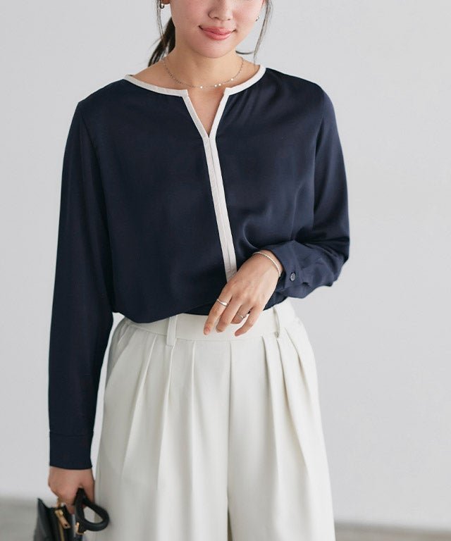 【ピエロ/Pierrot】の配色キーネックブラウス インテリア・キッズ・メンズ・レディースファッション・服の通販 founy(ファウニー) 　ファッション　Fashion　レディースファッション　Fashion for Women　トップス・カットソー　Cut & Sew Tops　シャツ・ブラウス・オフィスカジュアル　Elegant Blouses & Button-Ups　シンプル　Simple, Minimal　パイピング　Piping, Trim Design　プチプライス・低価格　Affordable / Budget Price　エレガント 上品　Elegant　166cm / ネイビー / M|ID: prp329100004972967 ipo3291000000037287915