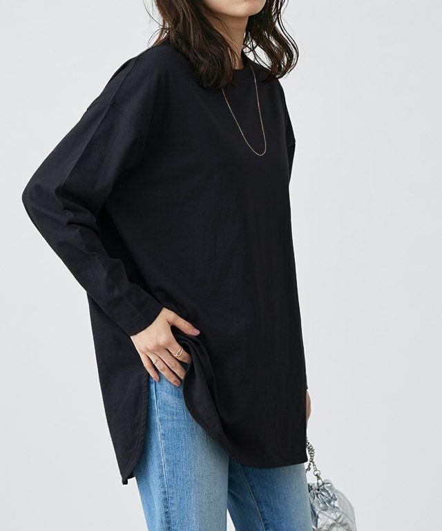【ピエロ/Pierrot】のコットンロングスリーブTシャツ インテリア・キッズ・メンズ・レディースファッション・服の通販 founy(ファウニー) 　ファッション　Fashion　レディースファッション　Fashion for Women　トップス・カットソー　Cut & Sew Tops　シャツ・ブラウス・オフィスカジュアル　Elegant Blouses & Button-Ups　ロングTシャツ・Tシャツ　Longline T-Shirts & Tees　シンプル　Simple, Minimal　スリーブ　Sleeve, Long Sleeve / Short Sleeve　プチプライス・低価格　Affordable / Budget Price　リラックス　Relax, Relaxed Fit　ロング　Long, Long-Length　吸水　Absorbent, Quick-Dry　167cm / ブラック / M|ID: prp329100004973029 ipo3291000000037288251