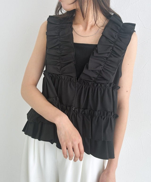 【ピエロ/Pierrot】のECLAM フリルギャザーベスト インテリア・キッズ・メンズ・レディースファッション・服の通販 founy(ファウニー) 　ファッション　Fashion　レディースファッション　Fashion for Women　アウター　Coat / Outerwear Collection　トップス・カットソー　Cut & Sew Tops　ベスト&ジレ / 重ね着スタイル　Vests & Gilets　ツイル　Twist, Twisted Detail　フリル　Frill, Ruffle　フレア　Flare, Flared　プチプライス・低価格　Affordable / Budget Price　[ECLAM]フリルギャザーベスト|ID: prp329100004973107 ipo3291000000037288603
