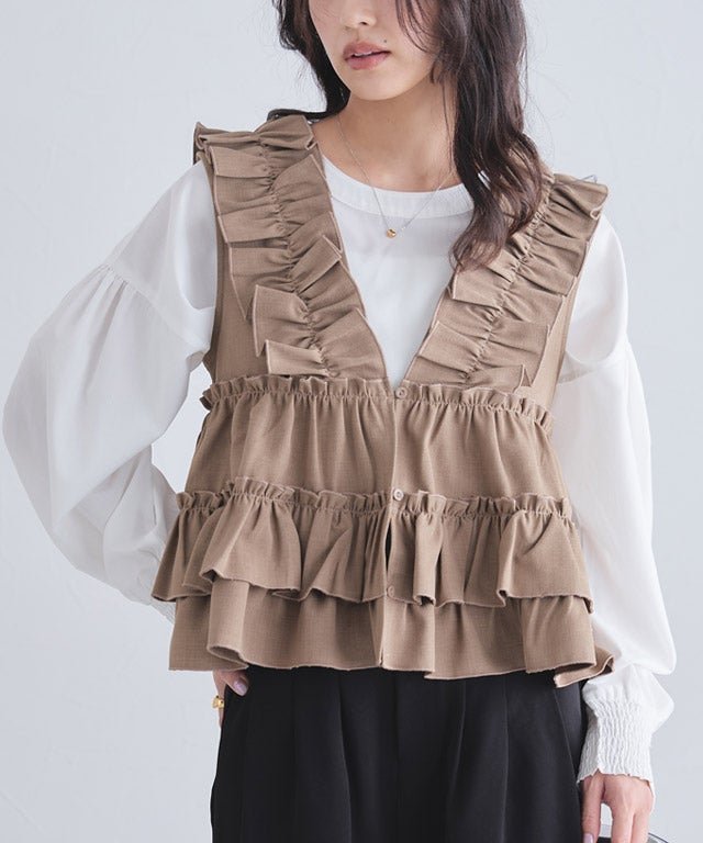 【ピエロ/Pierrot】のECLAM フリルギャザーベスト インテリア・キッズ・メンズ・レディースファッション・服の通販 founy(ファウニー) 　ファッション　Fashion　レディースファッション　Fashion for Women　アウター　Coat / Outerwear Collection　トップス・カットソー　Cut & Sew Tops　ベスト&ジレ / 重ね着スタイル　Vests & Gilets　ツイル　Twist, Twisted Detail　フリル　Frill, Ruffle　フレア　Flare, Flared　プチプライス・低価格　Affordable / Budget Price　163cm / モカベージュ / M|ID: prp329100004973107 ipo3291000000037288605