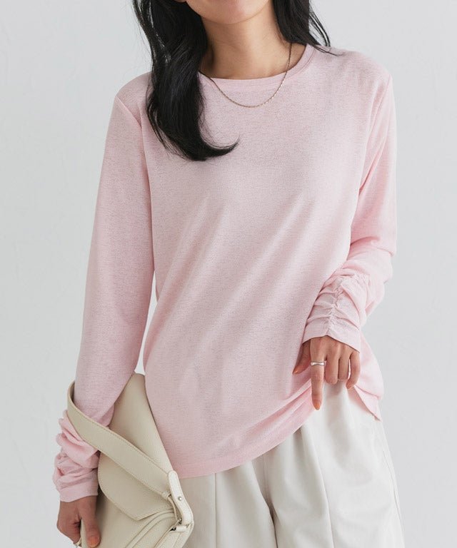 【ピエロ/Pierrot】の袖シャーリングシアーロングスリーブTシャツ トップス レディース インテリア・キッズ・メンズ・レディースファッション・服の通販 founy(ファウニー) 　ファッション　Fashion　レディースファッション　Fashion for Women　トップス・カットソー　Cut & Sew Tops　シャツ・ブラウス・オフィスカジュアル　Elegant Blouses & Button-Ups　ロングTシャツ・Tシャツ　Longline T-Shirts & Tees　送料無料　Free Shipping　おすすめ　Recommended / Our Picks　インナー　Innerwear　シアー　Sheer, See-Through　シャーリング　Shirring, Ruched　シンプル　Simple, Minimal　スウェット / スエット　Sweatshirt, Sweatwear　トレンド　Trend, Trending Now　プチプライス・低価格　Affordable / Budget Price　162cm / ベビーピンク / M|ID: prp329100004973116 ipo3291000000037288639