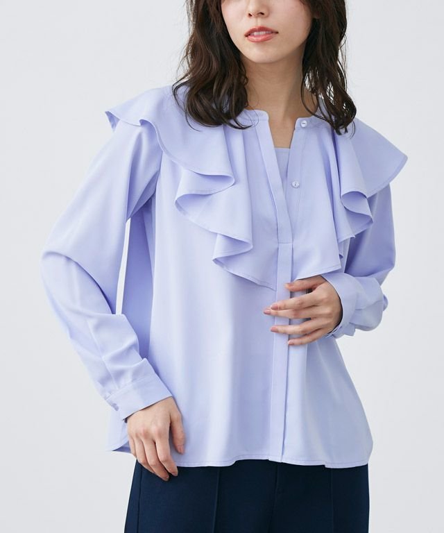 【ピエロ/Pierrot】の2wayフリルカラーブラウス インテリア・キッズ・メンズ・レディースファッション・服の通販 founy(ファウニー) 　ファッション　Fashion　レディースファッション　Fashion for Women　トップス・カットソー　Cut & Sew Tops　シャツ・ブラウス・オフィスカジュアル　Elegant Blouses & Button-Ups　フェミニン　Feminine, Girly　フリル　Frill, Ruffle　フロント　Front, Front Design　プチプライス・低価格　Affordable / Budget Price　エレガント 上品　Elegant　ライトブルー|ID: prp329100004973202 ipo3291000000037289167