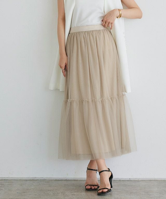 【ピエロ/Pierrot】のティアードチュールスカート インテリア・キッズ・メンズ・レディースファッション・服の通販 founy(ファウニー) 　ファッション　Fashion　レディースファッション　Fashion for Women　スカート　Skirts　おすすめ　Recommended / Our Picks　スウェット / スエット　Sweatshirt, Sweatwear　ダウン　Down, Puffer　チュール　Tulip, Tulip Motif　フェミニン　Feminine, Girly　プチプライス・低価格　Affordable / Budget Price　ベージュ|ID: prp329100004973204 ipo3291000000037289174
