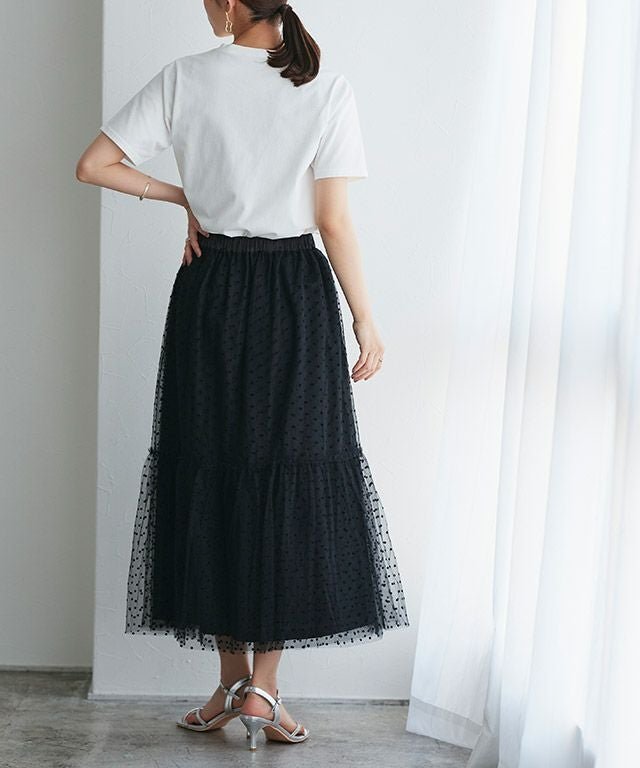 【ピエロ/Pierrot】のティアードチュールスカート インテリア・キッズ・メンズ・レディースファッション・服の通販 founy(ファウニー) 　ファッション　Fashion　レディースファッション　Fashion for Women　スカート　Skirts　おすすめ　Recommended / Our Picks　スウェット / スエット　Sweatshirt, Sweatwear　ダウン　Down, Puffer　チュール　Tulip, Tulip Motif　フェミニン　Feminine, Girly　プチプライス・低価格　Affordable / Budget Price　フロッキードット/ブラック|ID: prp329100004973204 ipo3291000000037289177