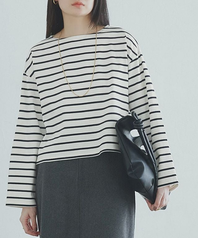 【ピエロ/Pierrot】のRASW 綿100%ボーダークロップドロンT インテリア・キッズ・メンズ・レディースファッション・服の通販 founy(ファウニー) 　ファッション　Fashion　レディースファッション　Fashion for Women　トップス・カットソー　Cut & Sew Tops　ロングTシャツ・Tシャツ　Longline T-Shirts & Tees　クロップド　Cropped, Short Length　スリーブ　Sleeve, Long Sleeve / Short Sleeve　バランス　Balance, Style Balance　プチプライス・低価格　Affordable / Budget Price　ボーダー　Border, Stripe　ワイド　Wide, Wide Fit　定番　Standard, Basic Item　[RASW] 綿100%ボーダークロップドロンT|ID: prp329100004973248 ipo3291000000037289335