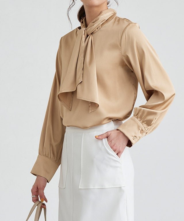 【ピエロ/Pierrot】のタイデザインブラウス インテリア・キッズ・メンズ・レディースファッション・服の通販 founy(ファウニー) 　ファッション　Fashion　レディースファッション　Fashion for Women　トップス・カットソー　Cut & Sew Tops　シャツ・ブラウス・オフィスカジュアル　Elegant Blouses & Button-Ups　おすすめ　Recommended / Our Picks　インナー　Innerwear　サテン　Satin, Glossy Fabric　シンプル　Simple, Minimal　プチプライス・低価格　Affordable / Budget Price　エレガント 上品　Elegant　ベージュ|ID: prp329100004973250 ipo3291000000037289345