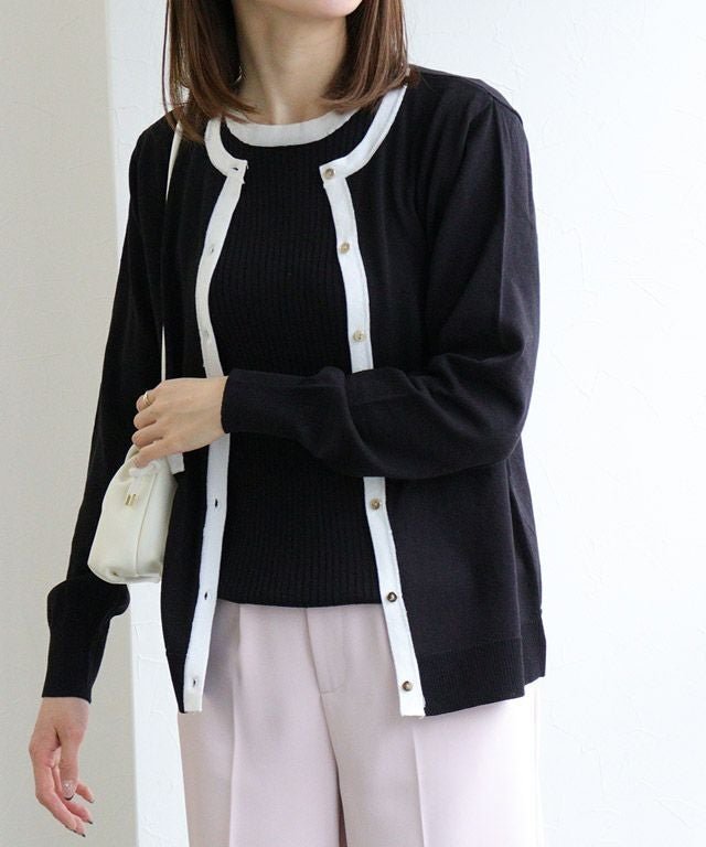 【ピエロ/Pierrot】の【アウトレットSALE!】ゴールドボタンアンサンブルニット インテリア・キッズ・メンズ・レディースファッション・服の通販 founy(ファウニー) 　ファッション　Fashion　レディースファッション　Fashion for Women　トップス・カットソー　Cut & Sew Tops　ニット　Knit Tops & Sweaters　アンサンブルニット　Knit Ensembles & Twin Sets　アウトレット　Outlet / Clearance　アンサンブル　Ensemble Set　インナー　Innerwear　カーディガン　Cardigan, Knitwear　フィット　Fit, Slim Fit　プチプライス・低価格　Affordable / Budget Price　ベーシック　Basic, Essential　半袖　Short Sleeve, Half Sleeve　夏　Summer　定番　Standard, Basic Item　163cm / 配色 / ブラック / M|ID: prp329100004973252 ipo3291000000037289355