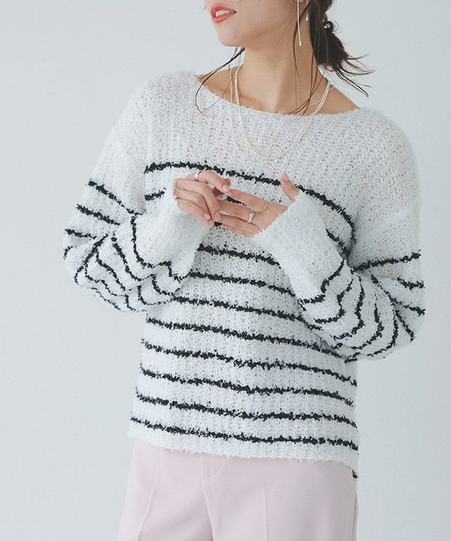 【ピエロ/Pierrot】のリボンヤーンボートネックニット インテリア・キッズ・メンズ・レディースファッション・服の通販 founy(ファウニー) 　ファッション　Fashion　レディースファッション　Fashion for Women　トップス・カットソー　Cut & Sew Tops　ニット　Knit Tops & Sweaters　シンプル　Simple, Minimal　スリット　Slit, Slit Detail　プチプライス・低価格　Affordable / Budget Price　リボン　Ribbon, Bow　オフホワイト×ブラック|ID: prp329100004973268 ipo3291000000037289417