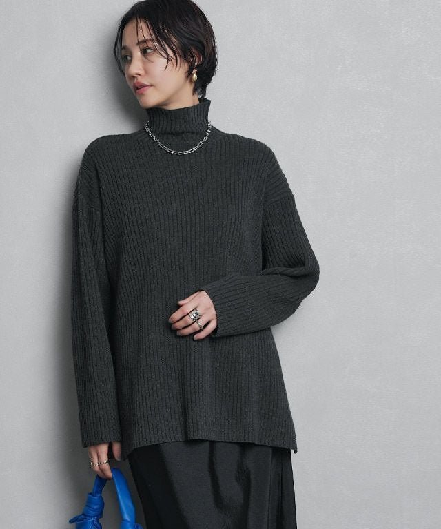 【ピエロ/Pierrot】のRASW ハイネックオーバーリブニット インテリア・キッズ・メンズ・レディースファッション・服の通販 founy(ファウニー) 　ファッション　Fashion　レディースファッション　Fashion for Women　トップス・カットソー　Cut & Sew Tops　ニット　Knit Tops & Sweaters　スリット　Slit, Slit Detail　プチプライス・低価格　Affordable / Budget Price　ワイド　Wide, Wide Fit　ワイドリブ　Wide Rib, Wide Ribbed Knit　杢チャコール|ID: prp329100004973352 ipo3291000000037289754