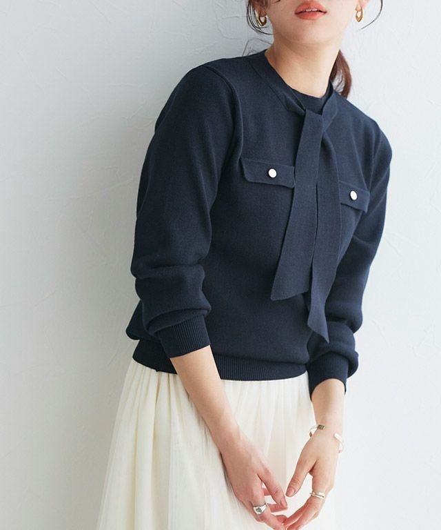 【ピエロ/Pierrot】のボウタイポケットニット インテリア・キッズ・メンズ・レディースファッション・服の通販 founy(ファウニー) 　ファッション　Fashion　レディースファッション　Fashion for Women　トップス・カットソー　Cut & Sew Tops　ニット　Knit Tops & Sweaters　プチプライス・低価格　Affordable / Budget Price　166cm / ネイビー / M|ID: prp329100004973368 ipo3291000000037289812