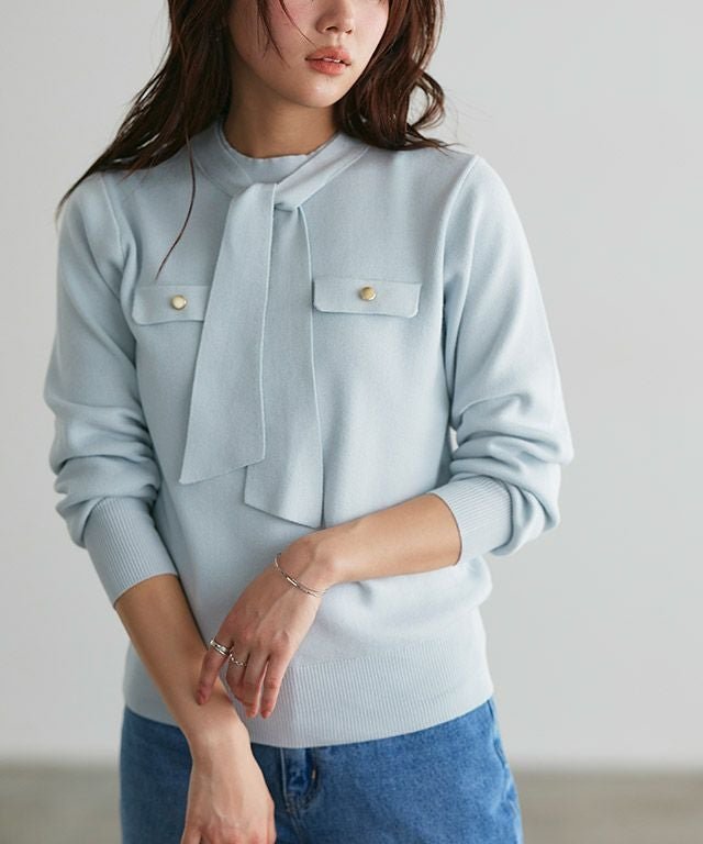 【ピエロ/Pierrot】のボウタイポケットニット インテリア・キッズ・メンズ・レディースファッション・服の通販 founy(ファウニー) 　ファッション　Fashion　レディースファッション　Fashion for Women　トップス・カットソー　Cut & Sew Tops　ニット　Knit Tops & Sweaters　プチプライス・低価格　Affordable / Budget Price　166cm / アイスブルー / M|ID: prp329100004973368 ipo3291000000037289814