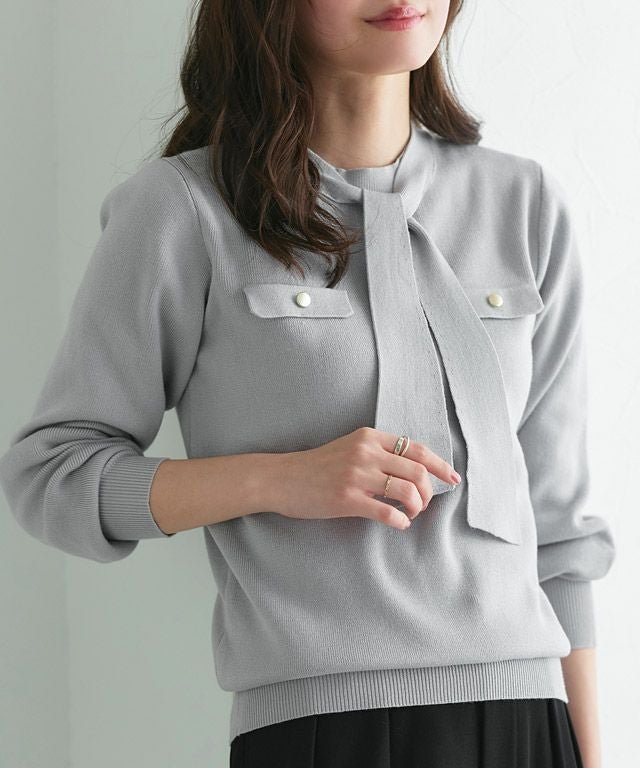 【ピエロ/Pierrot】のボウタイポケットニット インテリア・キッズ・メンズ・レディースファッション・服の通販 founy(ファウニー) 　ファッション　Fashion　レディースファッション　Fashion for Women　トップス・カットソー　Cut & Sew Tops　ニット　Knit Tops & Sweaters　プチプライス・低価格　Affordable / Budget Price　167cm / グレー / M|ID: prp329100004973368 ipo3291000000037289816