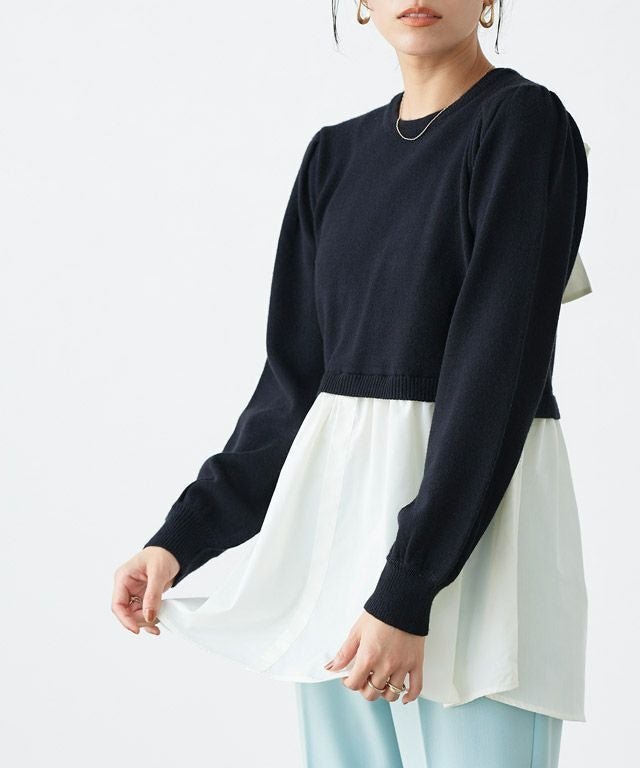 【ピエロ/Pierrot】の異素材ドッキングタイリボンニット インテリア・キッズ・メンズ・レディースファッション・服の通販 founy(ファウニー) 　ファッション　Fashion　レディースファッション　Fashion for Women　トップス・カットソー　Cut & Sew Tops　ニット　Knit Tops & Sweaters　シンプル　Simple, Minimal　フレア　Flare, Flared　プチプライス・低価格　Affordable / Budget Price　リボン　Ribbon, Bow　ブラック×オフホワイト|ID: prp329100004973372 ipo3291000000037289837