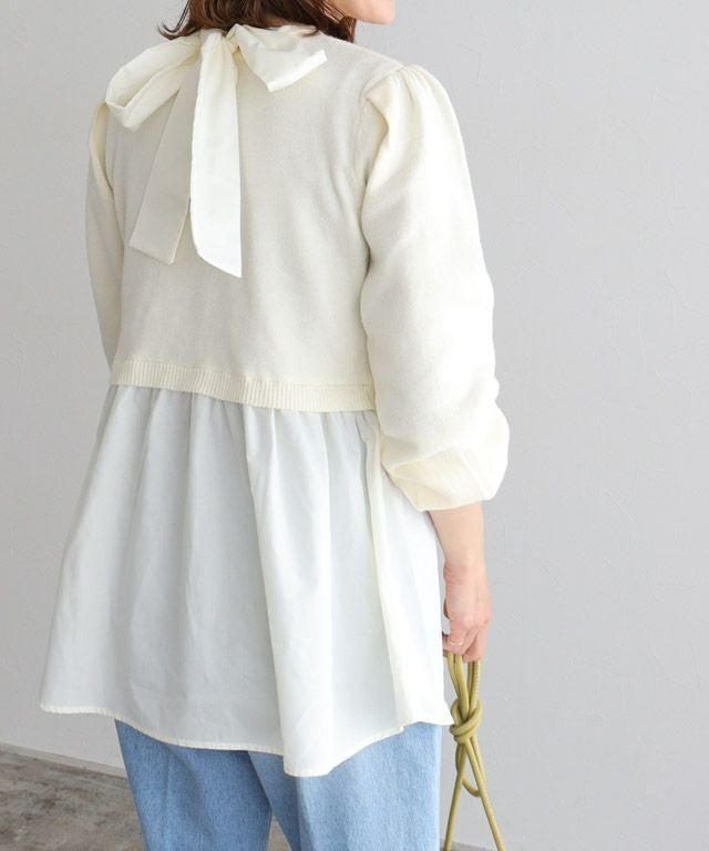 【ピエロ/Pierrot】の異素材ドッキングタイリボンニット インテリア・キッズ・メンズ・レディースファッション・服の通販 founy(ファウニー) 　ファッション　Fashion　レディースファッション　Fashion for Women　トップス・カットソー　Cut & Sew Tops　ニット　Knit Tops & Sweaters　シンプル　Simple, Minimal　フレア　Flare, Flared　プチプライス・低価格　Affordable / Budget Price　リボン　Ribbon, Bow　オフホワイト×オフホワイト|ID: prp329100004973372 ipo3291000000037289839