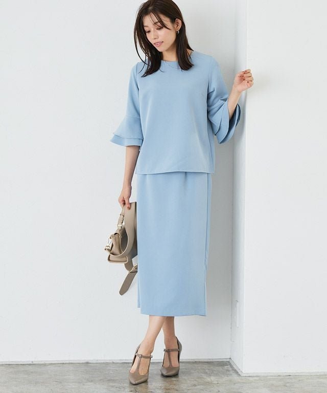 【ピエロ/Pierrot】のフレアスリーブトップススカートセットアップ インテリア・キッズ・メンズ・レディースファッション・服の通販 founy(ファウニー) 　ファッション　Fashion　レディースファッション　Fashion for Women　セットアップ　Matching Sets　レディーストップス・ブラウス　Tops & Blouses / Assorted Women's Tops　スカート・ミニ/ミディ/マキシ　Skirts / Mini, Midi & Maxi Skirts　スーツ　Business Suits & Workwear　スーツスカート・ビジネス用スカート　Suit Skirts / Office Skirts　スーツセット・2点セット・レディーススーツ　Suit Sets / 2-Piece Suits / Office Suit Sets　シンプル　Simple, Minimal　ストレッチ　Stretch, Stretchy Fabric　スーツ　Suit, Formalwear　セットアップ　Set-Up, Coordinated Outfit　フェミニン　Feminine, Girly　フリル　Frill, Ruffle　プチプライス・低価格　Affordable / Budget Price　167cm / ブルー / M|ID: prp329100004973384 ipo3291000000037289884