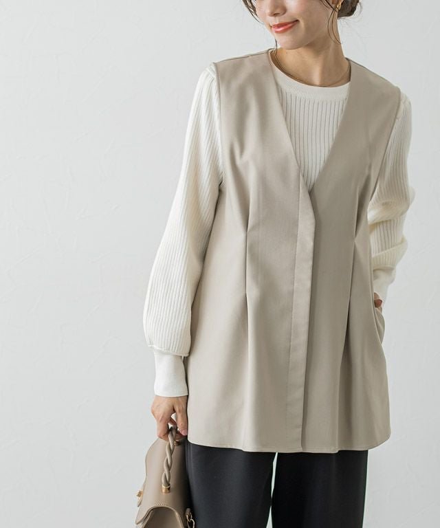 【ピエロ/Pierrot】の【アウトレットSALE!】ノーカラータックジレ インテリア・キッズ・メンズ・レディースファッション・服の通販 founy(ファウニー) 　ファッション　Fashion　レディースファッション　Fashion for Women　アウター　Coat / Outerwear Collection　トップス・カットソー　Cut & Sew Tops　ベスト&ジレ / 重ね着スタイル　Vests & Gilets　アウトレット　Outlet / Clearance　カットソー　Cut and Sewn Top　プチプライス・低価格　Affordable / Budget Price　エレガント 上品　Elegant　167cm / ライトベージュ / M|ID: prp329100004973393 ipo3291000000037289918