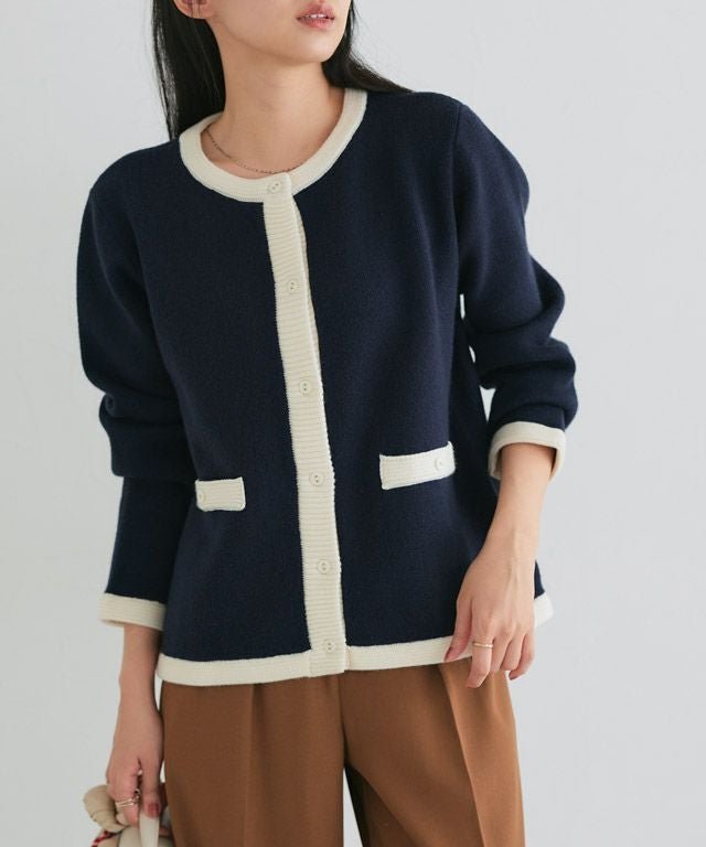【ピエロ/Pierrot】の配色ニットジャケット インテリア・キッズ・メンズ・レディースファッション・服の通販 founy(ファウニー) 　ファッション　Fashion　レディースファッション　Fashion for Women　アウター　Coat / Outerwear Collection　レディースジャケット・軽アウター　Jackets　クラシカル　Classical, Vintage-Inspired　コンパクト　Compact, Small Size　ジャケット　Jacket, Outerwear　プチプライス・低価格　Affordable / Budget Price　エレガント 上品　Elegant　羽織　Haori, Light Jacket　162cm / ネイビー×オフホワイト / M|ID: prp329100004973435 ipo3291000000037290100