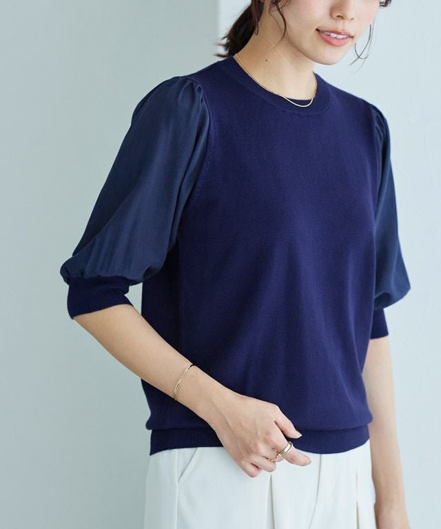 【ピエロ/Pierrot】の【A会場】ドッキングスリーブニット インテリア・キッズ・メンズ・レディースファッション・服の通販 founy(ファウニー) 　ファッション　Fashion　レディースファッション　Fashion for Women　トップス・カットソー　Cut & Sew Tops　ニット　Knit Tops & Sweaters　送料無料　Free Shipping　シンプル　Simple, Minimal　ドッキング　Docking, Mixed Material　プチプライス・低価格　Affordable / Budget Price　ロング　Long, Long-Length　ネイビー|ID: prp329100004973496 ipo3291000000037290330