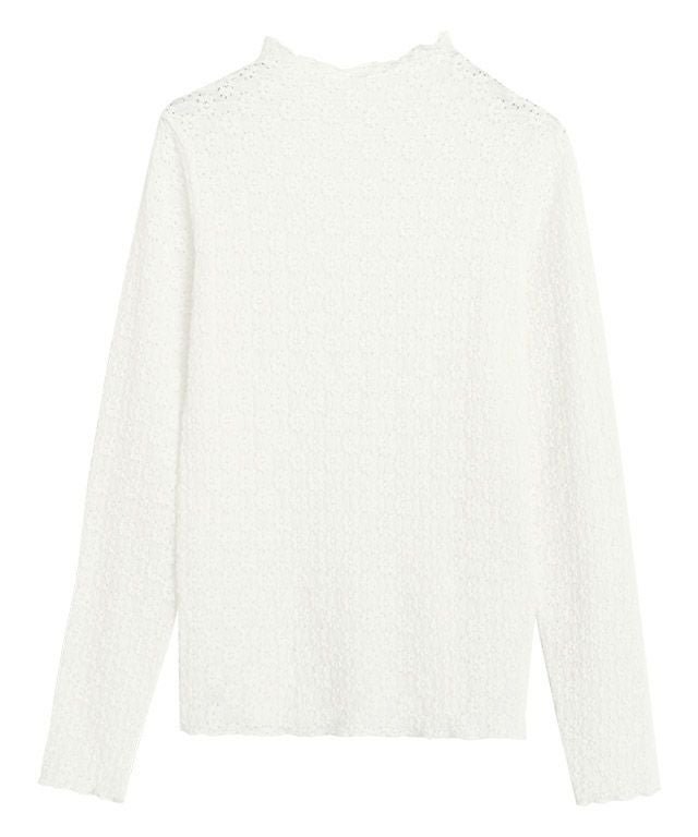 【ピエロ/Pierrot】のフラワーレースボトルネックカットソー インテリア・キッズ・メンズ・レディースファッション・服の通販 founy(ファウニー) 　ファッション　Fashion　レディースファッション　Fashion for Women　トップス・カットソー　Cut & Sew Tops　カットソー・ベーシックTシャツ　Cut-and-Sewn Tops / Stretch Tees & Basics　インナー　Innerwear　フィット　Fit, Slim Fit　プチプライス・低価格　Affordable / Budget Price　ボトルネック　Bottle Neck, Mock Neck　レース　Lace, Lace Fabric　オフホワイト|ID: prp329100004973507 ipo3291000000037290378