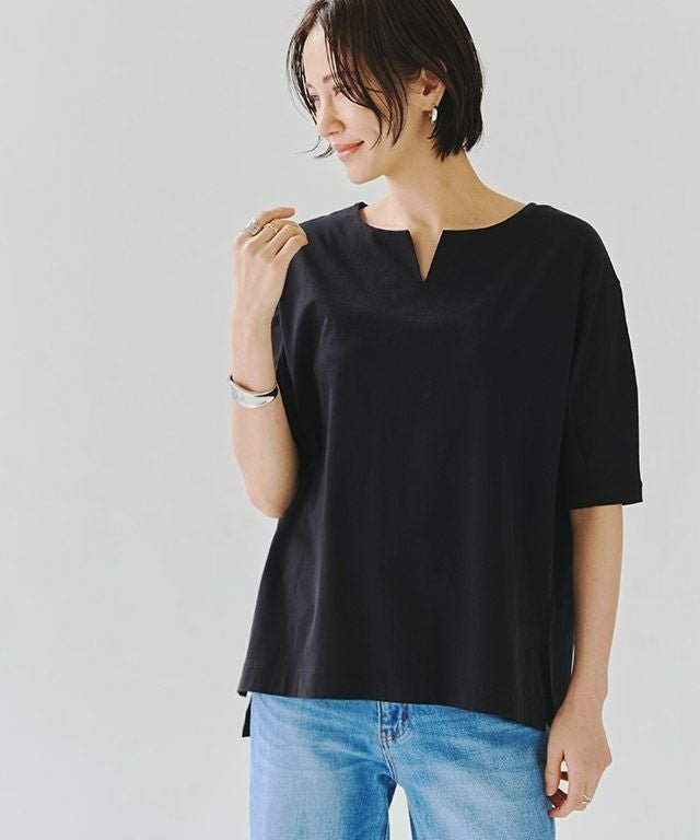 【ピエロ/Pierrot】のRASW バイオシルケットキーネックTシャツ インテリア・キッズ・メンズ・レディースファッション・服の通販 founy(ファウニー) 　ファッション　Fashion　レディースファッション　Fashion for Women　トップス・カットソー　Cut & Sew Tops　シャツ・ブラウス・オフィスカジュアル　Elegant Blouses & Button-Ups　ロングTシャツ・Tシャツ　Longline T-Shirts & Tees　カットソー　Cut and Sewn Top　プチプライス・低価格　Affordable / Budget Price　夏　Summer　抗菌　Antibacterial, Bacteria-Resistant　ブラック|ID: prp329100004973534 ipo3291000000037290486