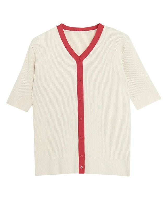 【ピエロ/Pierrot】の【A会場】配色リブニットカーデ インテリア・キッズ・メンズ・レディースファッション・服の通販 founy(ファウニー) 　ファッション　Fashion　レディースファッション　Fashion for Women　トップス・カットソー　Cut & Sew Tops　ニット　Knit Tops & Sweaters　送料無料　Free Shipping　おすすめ　Recommended / Our Picks　プチプライス・低価格　Affordable / Budget Price　羽織　Haori, Light Jacket　アイボリー×レッド|ID: prp329100004973546 ipo3291000000037290535