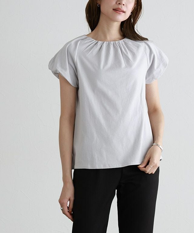 【ピエロ/Pierrot】のフレンチパフスリーブTシャツ [Pierrot] インテリア・キッズ・メンズ・レディースファッション・服の通販 founy(ファウニー) 　ファッション　Fashion　レディースファッション　Fashion for Women　トップス・カットソー　Cut & Sew Tops　シャツ・ブラウス・オフィスカジュアル　Elegant Blouses & Button-Ups　ロングTシャツ・Tシャツ　Longline T-Shirts & Tees　ギャザー　Gathered, Ruffled　スリーブ　Sleeve, Long Sleeve / Short Sleeve　フェミニン　Feminine, Girly　フレンチ　French, French Style　プチプライス・低価格　Affordable / Budget Price　ライトグレー|ID: prp329100004973587 ipo3291000000037290689