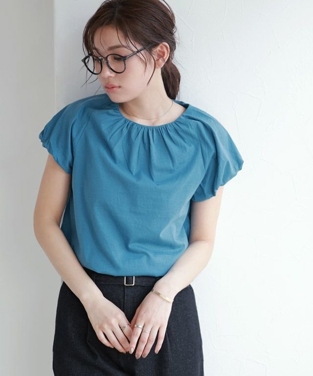 【ピエロ/Pierrot】のフレンチパフスリーブTシャツ [Pierrot] インテリア・キッズ・メンズ・レディースファッション・服の通販 founy(ファウニー) 　ファッション　Fashion　レディースファッション　Fashion for Women　トップス・カットソー　Cut & Sew Tops　シャツ・ブラウス・オフィスカジュアル　Elegant Blouses & Button-Ups　ロングTシャツ・Tシャツ　Longline T-Shirts & Tees　ギャザー　Gathered, Ruffled　スリーブ　Sleeve, Long Sleeve / Short Sleeve　フェミニン　Feminine, Girly　フレンチ　French, French Style　プチプライス・低価格　Affordable / Budget Price　シアン|ID: prp329100004973587 ipo3291000000037290691