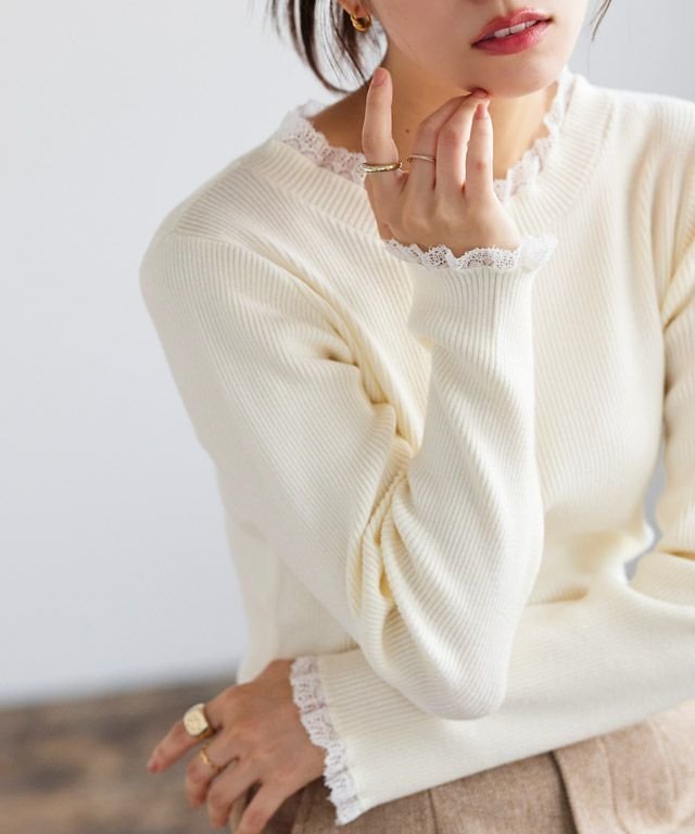 【ピエロ/Pierrot】のレース付クルーネックリブニット インテリア・キッズ・メンズ・レディースファッション・服の通販 founy(ファウニー) 　ファッション　Fashion　レディースファッション　Fashion for Women　トップス・カットソー　Cut & Sew Tops　ニット　Knit Tops & Sweaters　プチプライス・低価格　Affordable / Budget Price　レース　Lace, Lace Fabric　エレガント 上品　Elegant　人気　Popular, Best Seller　167cm / オフホワイト×ホワイト / M|ID: prp329100004973665 ipo3291000000037291005