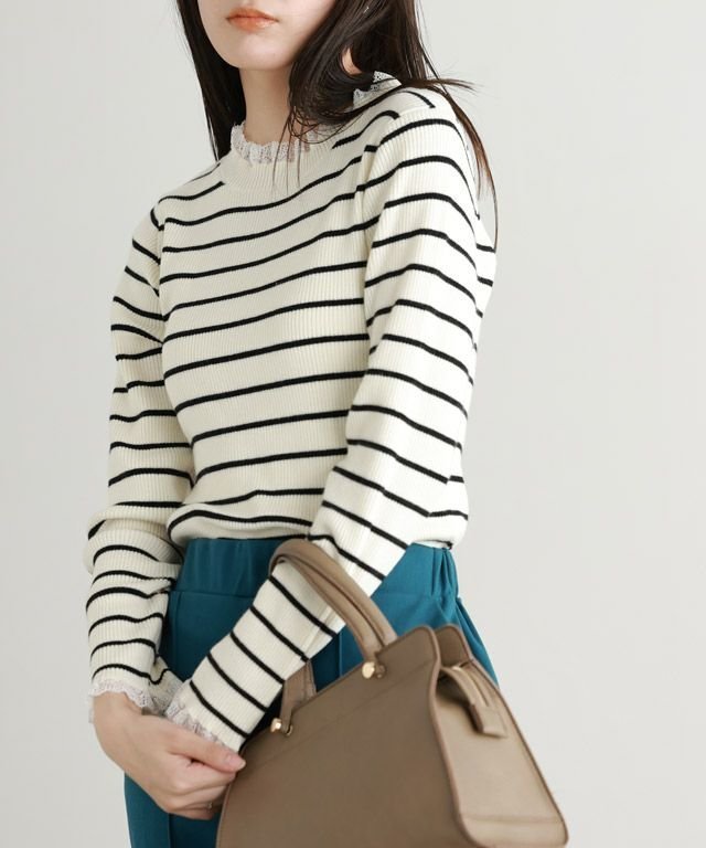 【ピエロ/Pierrot】のレース付クルーネックリブニット インテリア・キッズ・メンズ・レディースファッション・服の通販 founy(ファウニー) 　ファッション　Fashion　レディースファッション　Fashion for Women　トップス・カットソー　Cut & Sew Tops　ニット　Knit Tops & Sweaters　プチプライス・低価格　Affordable / Budget Price　レース　Lace, Lace Fabric　エレガント 上品　Elegant　人気　Popular, Best Seller　163cm / ボーダー×ホワイト / M|ID: prp329100004973665 ipo3291000000037291009