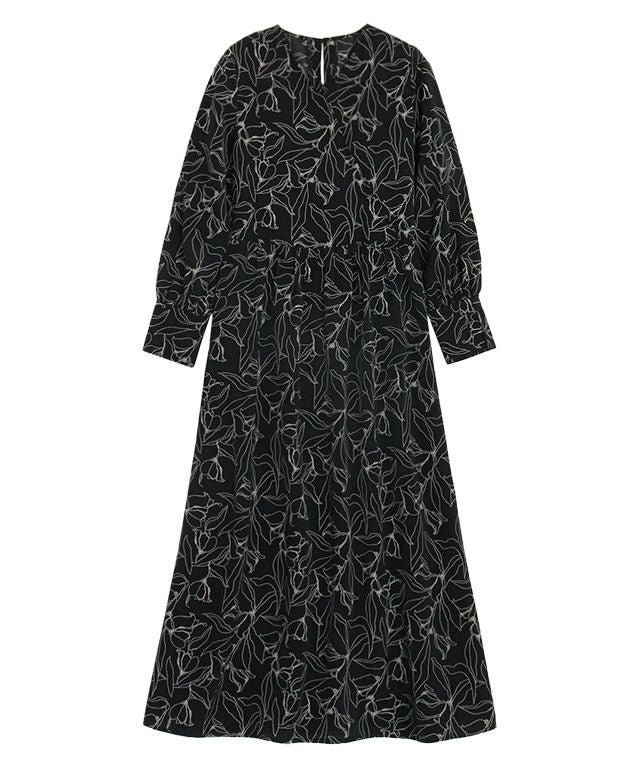 【ピエロ/Pierrot】のカシュクール風花柄ワンピース インテリア・キッズ・メンズ・レディースファッション・服の通販 founy(ファウニー) 　ファッション　Fashion　レディースファッション　Fashion for Women　ワンピース　Dresses　カシュクール　Wrap Design　カフス　Cuff Design　スリット　Slit, Slit Detail　フレア　Flare, Flared　プチプライス・低価格　Affordable / Budget Price　ブラック|ID: prp329100004973673 ipo3291000000037291034