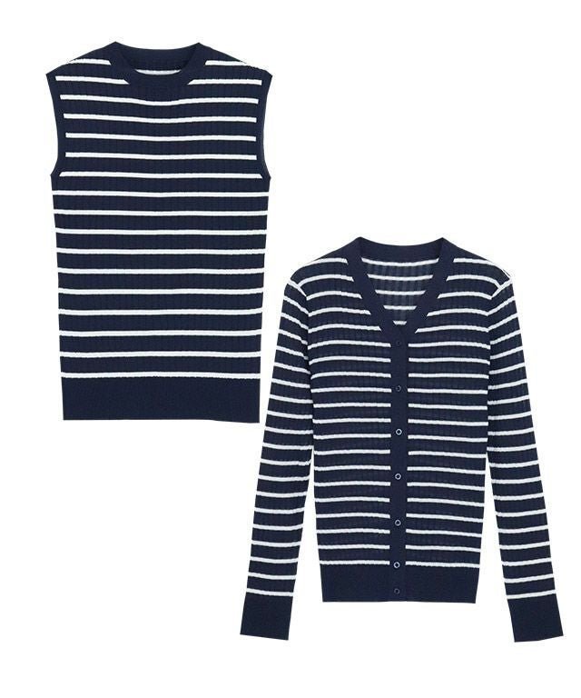 【ピエロ/Pierrot】の【アウトレットSALE!】ノースリーブリブニットアンサンブル インテリア・キッズ・メンズ・レディースファッション・服の通販 founy(ファウニー) 　ファッション　Fashion　レディースファッション　Fashion for Women　トップス・カットソー　Cut & Sew Tops　ニット　Knit Tops & Sweaters　アンサンブルニット　Knit Ensembles & Twin Sets　キャミソール&ノースリーブ　Camisoles & Sleeveless Tops　アウトレット　Outlet / Clearance　アンサンブル　Ensemble Set　インナー　Innerwear　カーディガン　Cardigan, Knitwear　トレンド　Trend, Trending Now　ノースリーブ　Sleeveless, No-Sleeve　プチプライス・低価格　Affordable / Budget Price　エレガント 上品　Elegant　夏　Summer　ネイビー×オフホワイト|ID: prp329100004973707 ipo3291000000037291171