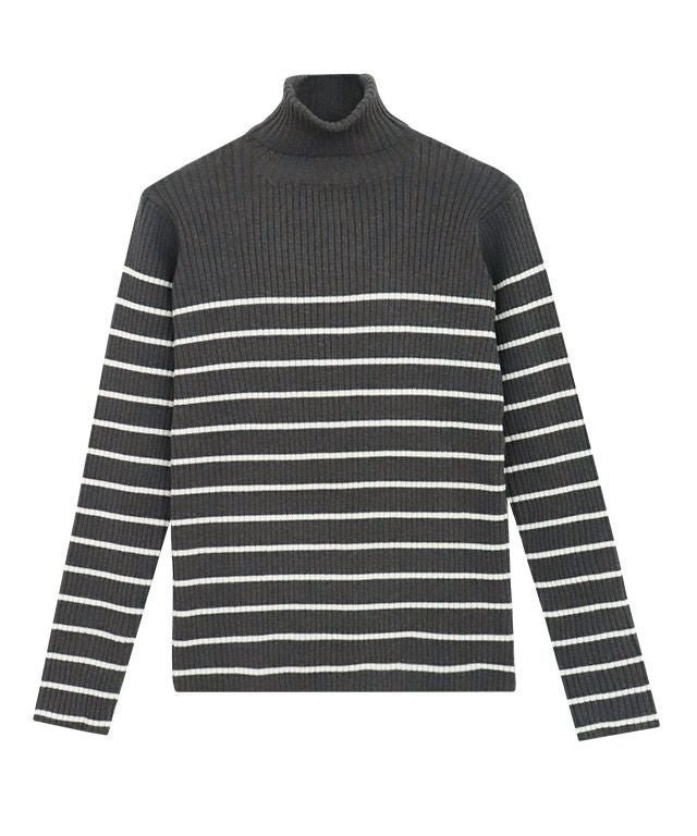 【ピエロ/Pierrot】の選べるタートルネックリブニット インテリア・キッズ・メンズ・レディースファッション・服の通販 founy(ファウニー) 　ファッション　Fashion　レディースファッション　Fashion for Women　トップス・カットソー　Cut & Sew Tops　ニット　Knit Tops & Sweaters　タートルネック・ハイネックトップス　Turtlenecks & High-Neck Tops　シンプル　Simple, Minimal　プチプライス・低価格　Affordable / Budget Price　ボーダー　Border, Stripe　リブニット　Rib Knit, Ribbed Knit　杢チャコール×オフホワイト|ID: prp329100004973787 ipo3291000000037291484