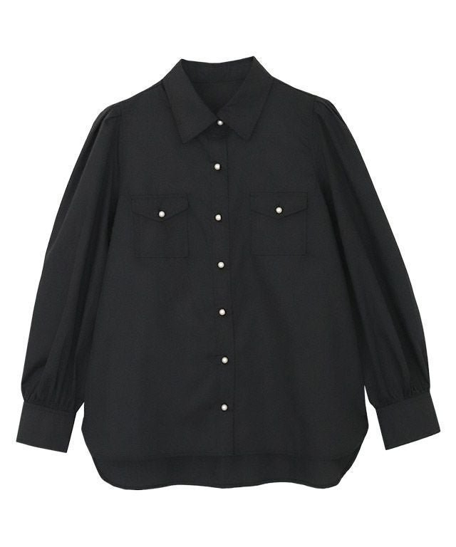 【ピエロ/Pierrot】のボリュームスリーブパールボタンシャツ インテリア・キッズ・メンズ・レディースファッション・服の通販 founy(ファウニー) 　ファッション　Fashion　レディースファッション　Fashion for Women　トップス・カットソー　Cut & Sew Tops　シャツ・ブラウス・オフィスカジュアル　Elegant Blouses & Button-Ups　ボリューム袖・フリルスリーブブラウス　Voluminous & Ruffle Sleeves / Puffy Sleeve Tops　デニム　Denim, Jeans Material　パール　Pearl, Pearl Accent　プチプライス・低価格　Affordable / Budget Price　ポケット　Pocket, Pocket Detail　ブラック|ID: prp329100004973805 ipo3291000000037291562