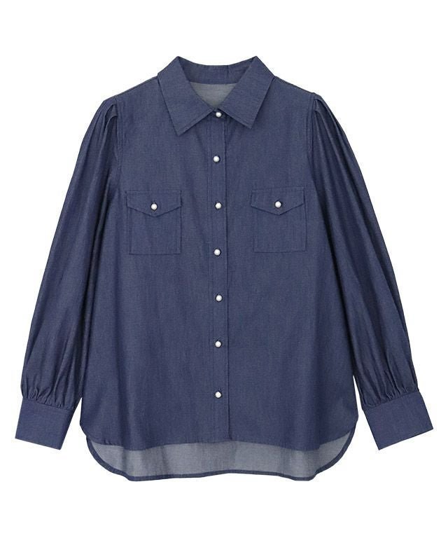 【ピエロ/Pierrot】のボリュームスリーブパールボタンシャツ インテリア・キッズ・メンズ・レディースファッション・服の通販 founy(ファウニー) 　ファッション　Fashion　レディースファッション　Fashion for Women　トップス・カットソー　Cut & Sew Tops　シャツ・ブラウス・オフィスカジュアル　Elegant Blouses & Button-Ups　ボリューム袖・フリルスリーブブラウス　Voluminous & Ruffle Sleeves / Puffy Sleeve Tops　デニム　Denim, Jeans Material　パール　Pearl, Pearl Accent　プチプライス・低価格　Affordable / Budget Price　ポケット　Pocket, Pocket Detail　デニム/インディゴ|ID: prp329100004973805 ipo3291000000037291565