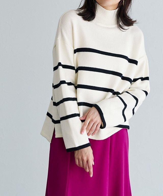 【ピエロ/Pierrot】のハイネックボーダーニット インテリア・キッズ・メンズ・レディースファッション・服の通販 founy(ファウニー) 　ファッション　Fashion　レディースファッション　Fashion for Women　トップス・カットソー　Cut & Sew Tops　ニット　Knit Tops & Sweaters　ハイネック　High Neck, Mock Neck　バランス　Balance, Style Balance　プチプライス・低価格　Affordable / Budget Price　ボーダー　Border, Stripe　アイボリー×ブラック|ID: prp329100004973840 ipo3291000000037291704