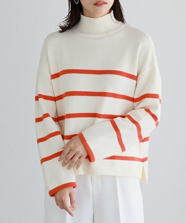 【ピエロ/Pierrot】のハイネックボーダーニット インテリア・キッズ・メンズ・レディースファッション・服の通販 founy(ファウニー) 　ファッション　Fashion　レディースファッション　Fashion for Women　トップス・カットソー　Cut & Sew Tops　ニット　Knit Tops & Sweaters　ハイネック　High Neck, Mock Neck　バランス　Balance, Style Balance　プチプライス・低価格　Affordable / Budget Price　ボーダー　Border, Stripe　アイボリー×レッドオレンジ|ID: prp329100004973840 ipo3291000000037291707